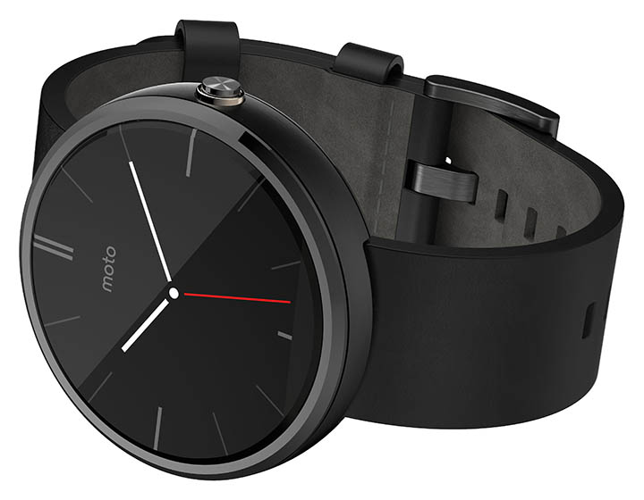 Motorola metal Moto 360 smartwatch measures pulse, has Google Voice, shows notifications and can play back music on a Bluetooth headset