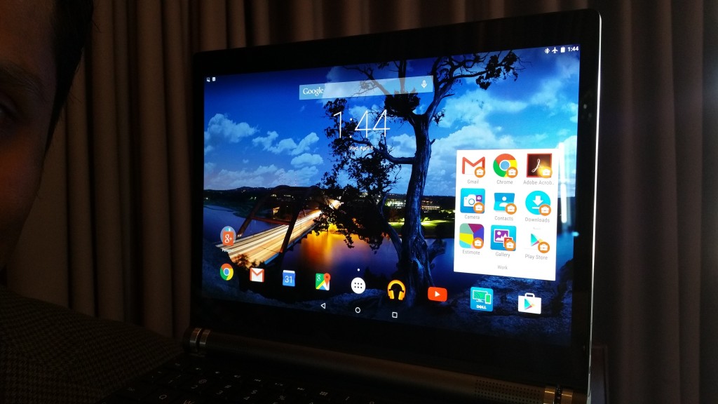 Dell Venue 10 7000 desktop displays both secure work apps, top right and home apps on the rest of the Android desktop.