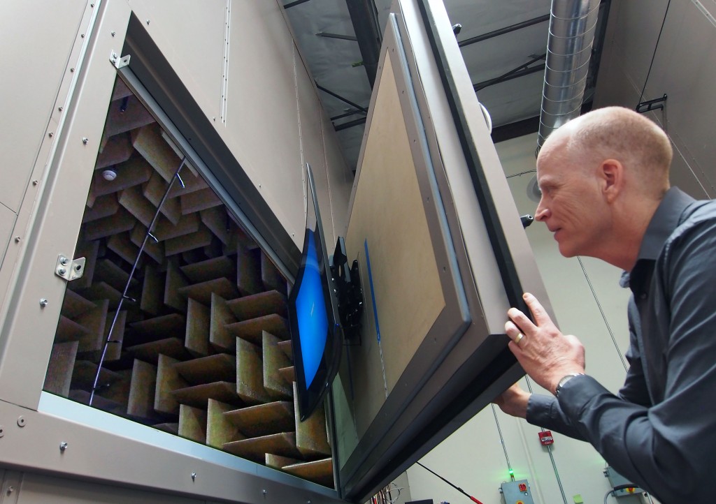 Canadian expat Allan Devantier and Director of the Samsung Audio Lab in the US checks out a Samsung TV for sound testing in the anechoic chanber made of one-meter long sound absorbing cones.
