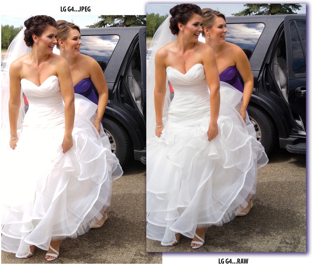 LG G4 RAW mode rigt captured every white bridal detail of Jaclyn Maat's (formally Bedard and helped by Kaila Maat) compared to the JPEG format left