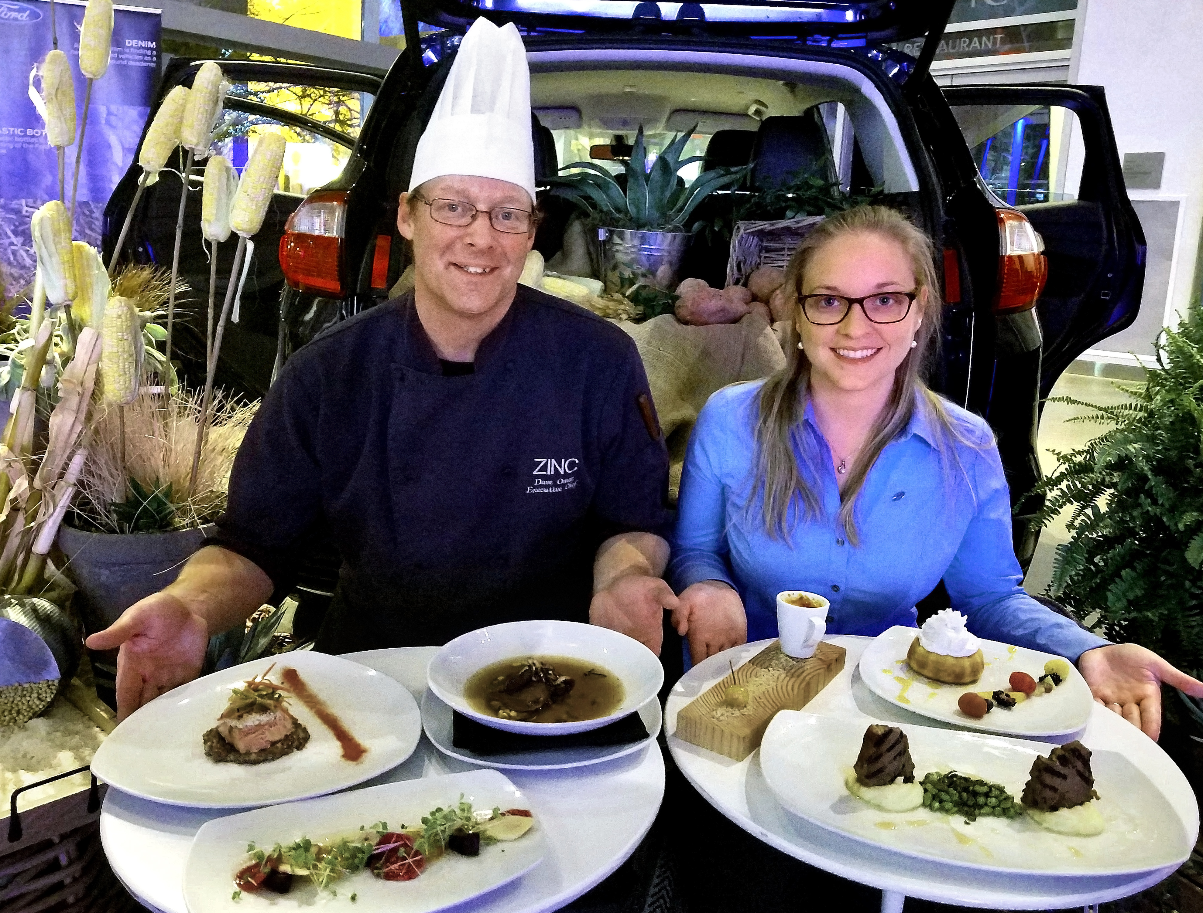 Dave Omar, Executive Chef for Zinc Restaurant at the Edmonton Art Gallery and Ford Motors biomaterials research engineer Mica DeBolt with six course From Farm to Ford event.